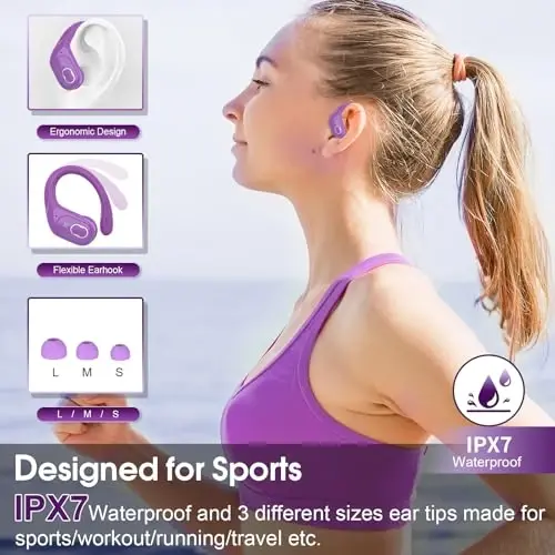 Aptkdoe simsiz quloqchinlar 75 soat Bluetooth 5.4 naushnik sport, 2025 Bluetooth quloqchinlar stereo chuqur bas quloq ustida ilgaklar bilan, ENC shovqinni bekor qiluvchi mikrofon, IPX7 suv o'tkazmaydigan quloqchin, binafsha - 5