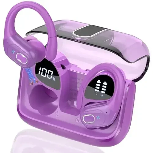 Aptkdoe simsiz quloqchinlar 75 soat Bluetooth 5.4 naushnik sport, 2025 Bluetooth quloqchinlar stereo chuqur bas quloq ustida ilgaklar bilan, ENC shovqinni bekor qiluvchi mikrofon, IPX7 suv o'tkazmaydigan quloqchin, binafsha 