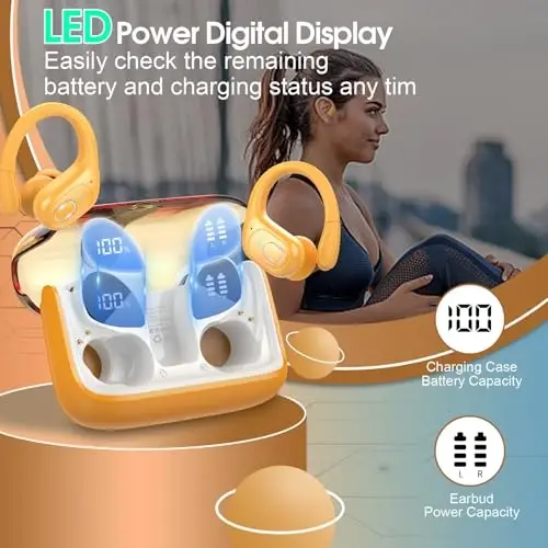 Aptkdoe simsiz quloqchinlar 75 soat Bluetooth 5.4 naushnik Sport, 2025 Bluetooth quloqchinlar Stereo chuqur bas quloq ustidagi kurtak quloq ilgaklari bilan, ENC shovqinni bekor qiluvchi mikrofon, IPX7 suv o'tkazmaydigan quloqchin, sariq - 5