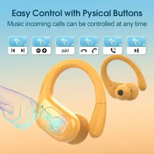 Aptkdoe simsiz quloqchinlar 75 soat Bluetooth 5.4 naushnik Sport, 2025 Bluetooth quloqchinlar Stereo chuqur bas quloq ustidagi kurtak quloq ilgaklari bilan, ENC shovqinni bekor qiluvchi mikrofon, IPX7 suv o'tkazmaydigan quloqchin, sariq - 7