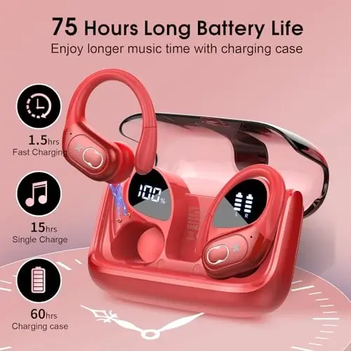 Aptkdoe simsiz quloqchinlar 75 soat Bluetooth 5.4 naushnik sport, 2025 Bluetooth quloqchinlar stereo chuqur bas quloq ustidagi quloq ilgaklari bilan, ENC shovqinni bekor qiluvchi mikrofon, IPX7 suv o'tkazmaydigan quloqchin, qizil - 2