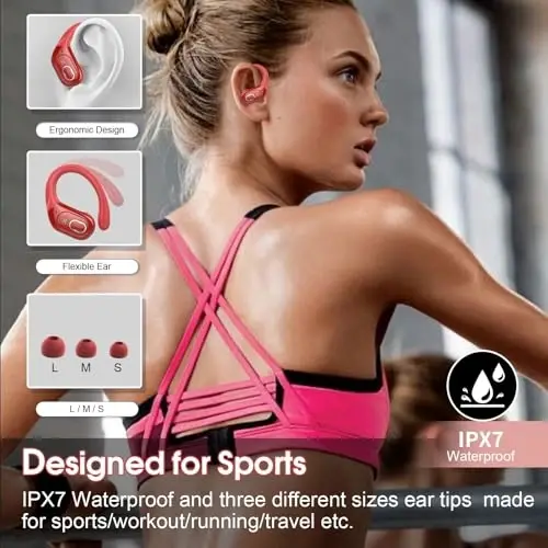 Aptkdoe simsiz quloqchinlar 75 soat Bluetooth 5.4 naushnik sport, 2025 Bluetooth quloqchinlar stereo chuqur bas quloq ustidagi quloq ilgaklari bilan, ENC shovqinni bekor qiluvchi mikrofon, IPX7 suv o'tkazmaydigan quloqchin, qizil - 3