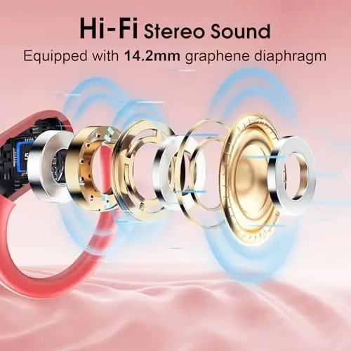 Aptkdoe simsiz quloqchinlar 75 soat Bluetooth 5.4 naushnik sport, 2025 Bluetooth quloqchinlar stereo chuqur bas quloq ustidagi quloq ilgaklari bilan, ENC shovqinni bekor qiluvchi mikrofon, IPX7 suv o'tkazmaydigan quloqchin, qizil - 4