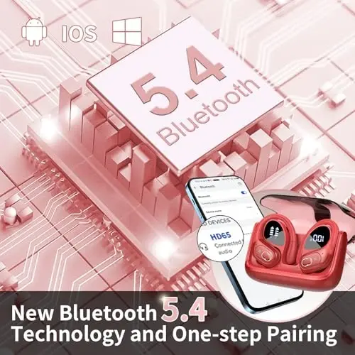 Aptkdoe simsiz quloqchinlar 75 soat Bluetooth 5.4 naushnik sport, 2025 Bluetooth quloqchinlar stereo chuqur bas quloq ustidagi quloq ilgaklari bilan, ENC shovqinni bekor qiluvchi mikrofon, IPX7 suv o'tkazmaydigan quloqchin, qizil - 5