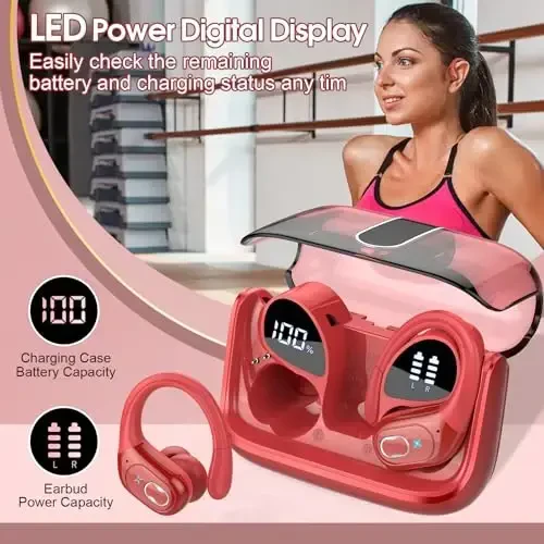 Aptkdoe simsiz quloqchinlar 75 soat Bluetooth 5.4 naushnik sport, 2025 Bluetooth quloqchinlar stereo chuqur bas quloq ustidagi quloq ilgaklari bilan, ENC shovqinni bekor qiluvchi mikrofon, IPX7 suv o'tkazmaydigan quloqchin, qizil - 6