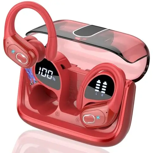 Aptkdoe simsiz quloqchinlar 75 soat Bluetooth 5.4 naushnik sport, 2025 Bluetooth quloqchinlar stereo chuqur bas quloq ustidagi quloq ilgaklari bilan, ENC shovqinni bekor qiluvchi mikrofon, IPX7 suv o'tkazmaydigan quloqchin, qizil - APTKDOE