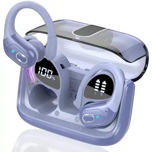 Aptkdoe simsiz quloqchinlar 75 soat Bluetooth 5.4 naushnik sport, 2025 Bluetooth quloqchinlar stereo chuqur bass quloq ustidagi quloq ilgaklari bilan, ENC shovqinni bekor qiluvchi mikrofon, IPX7 suv o'tkazmaydigan quloqchin, binafsha ko'k - 1