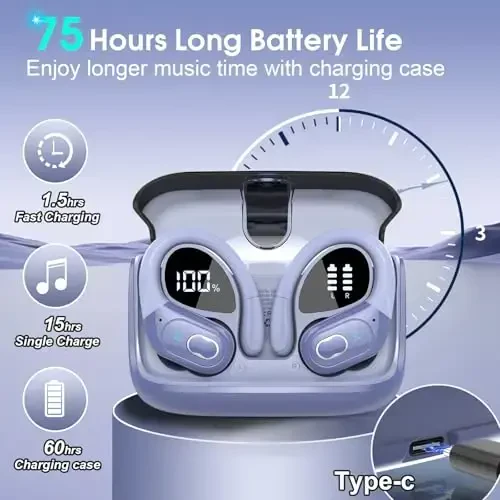 Aptkdoe simsiz quloqchinlar 75 soat Bluetooth 5.4 naushnik sport, 2025 Bluetooth quloqchinlar stereo chuqur bass quloq ustidagi quloq ilgaklari bilan, ENC shovqinni bekor qiluvchi mikrofon, IPX7 suv o'tkazmaydigan quloqchin, binafsha ko'k - 2