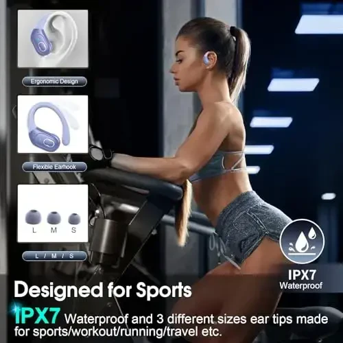 Aptkdoe simsiz quloqchinlar 75 soat Bluetooth 5.4 naushnik sport, 2025 Bluetooth quloqchinlar stereo chuqur bass quloq ustidagi quloq ilgaklari bilan, ENC shovqinni bekor qiluvchi mikrofon, IPX7 suv o'tkazmaydigan quloqchin, binafsha ko'k - 3