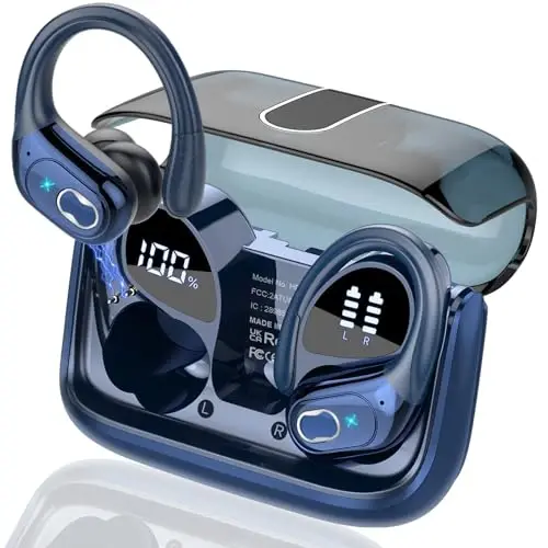 Aptkdoe simsiz quloqchinlar 75 soat Bluetooth 5.4 Sport naushniklari, 2025 Bluetooth quloqchinlari Stereo chuqur bas quloq ustida ilgaklar bilan, ENC shovqinni bekor qiluvchi mikrofon, IPX7 suv o'tkazmaydigan quloqchin, Royal ko'k 