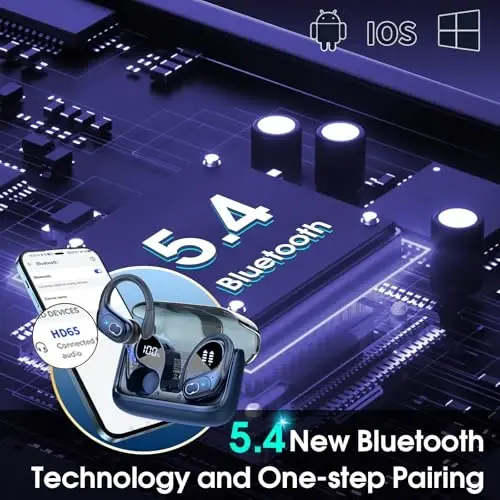 Aptkdoe simsiz quloqchinlar 75 soat Bluetooth 5.4 Sport naushniklari, 2025 Bluetooth quloqchinlari Stereo chuqur bas quloq ustida ilgaklar bilan, ENC shovqinni bekor qiluvchi mikrofon, IPX7 suv o'tkazmaydigan quloqchin, Royal ko'k - 5