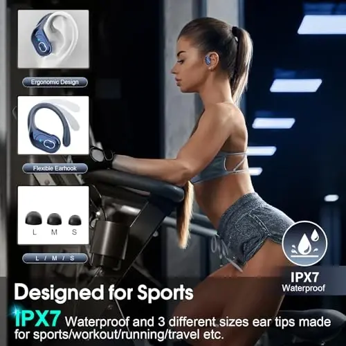 Aptkdoe simsiz quloqchinlar 75 soat Bluetooth 5.4 Sport naushniklari, 2025 Bluetooth quloqchinlari Stereo chuqur bas quloq ustida ilgaklar bilan, ENC shovqinni bekor qiluvchi mikrofon, IPX7 suv o'tkazmaydigan quloqchin, Royal ko'k - 3