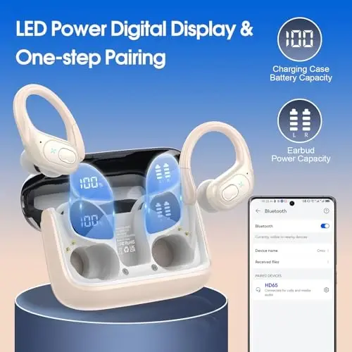 Aptkdoe Wireless Earbuds 75hrs Bluetooth 5.4 Headphone Sport, 2025 Bluetooth Earbuds Stereo Deep Bass Over Ear Bud with Earhooks, ENC Noise Cancelling Mic, IPX7 Waterproof Earphone, Camel - 1