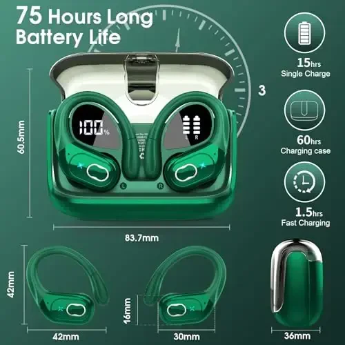 Aptkdoe Wireless Earbuds 75hrs Bluetooth 5.4 Headphone Sport, 2025 Bluetooth Earbuds Stereo Deep Bass Over Ear Bud with Earhooks, ENC Noise Cancelling Mic, IPX7 Waterproof Earphone, Dark Green - 2