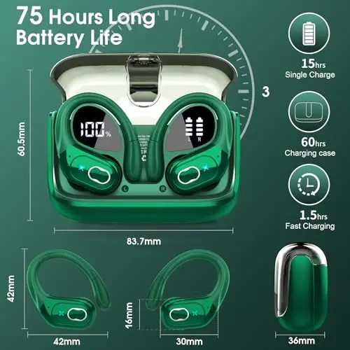 Aptkdoe Wireless Earbuds 75hrs Bluetooth 5.4 Headphone Sport, 2025 Bluetooth Earbuds Stereo Deep Bass Over Ear Bud with Earhooks, ENC Noise Cancelling Mic, IPX7 Waterproof Earphone, Dark Green - APTKDOE (1)