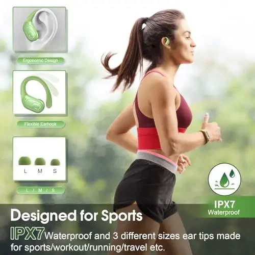 Aptkdoe Wireless Earbuds 75hrs Bluetooth 5.4 Headphone Sport, 2025 Bluetooth Earbuds Stereo Deep Bass Over Ear Bud with Earhooks, ENC Noise Cancelling Mic, IPX7 Waterproof Earphone, Green - 3