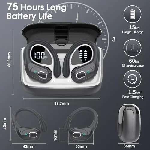 Aptkdoe Wireless Earbuds 75hrs Bluetooth 5.4 Headphone Sport, 2025 Bluetooth Earbuds Stereo Deep Bass Over Ear Bud with Earhooks, ENC Noise Cancelling Mic, IPX7 Waterproof Earphone, Iron Gray - 2