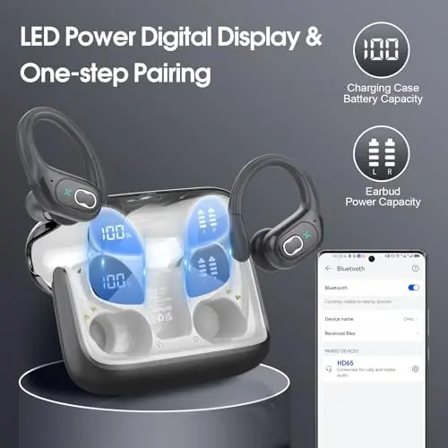 Aptkdoe Wireless Earbuds 75hrs Bluetooth 5.4 Headphone Sport, 2025 Bluetooth Earbuds Stereo Deep Bass Over Ear Bud with Earhooks, ENC Noise Cancelling Mic, IPX7 Waterproof Earphone, Iron Gray - 6