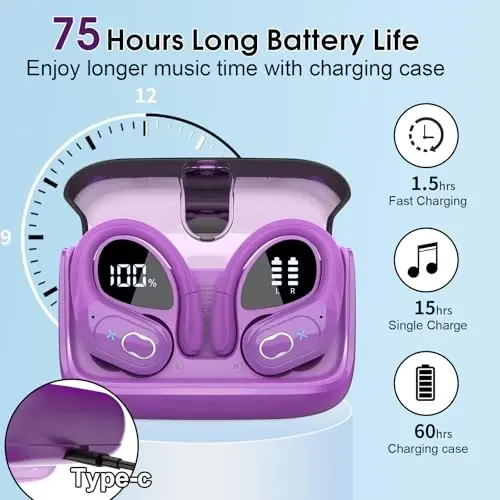 Aptkdoe Wireless Earbuds 75hrs Bluetooth 5.4 Headphone Sport, 2025 Bluetooth Earbuds Stereo Deep Bass Over Ear Bud with Earhooks, ENC Noise Cancelling Mic, IPX7 Waterproof Earphone, Purple - 1