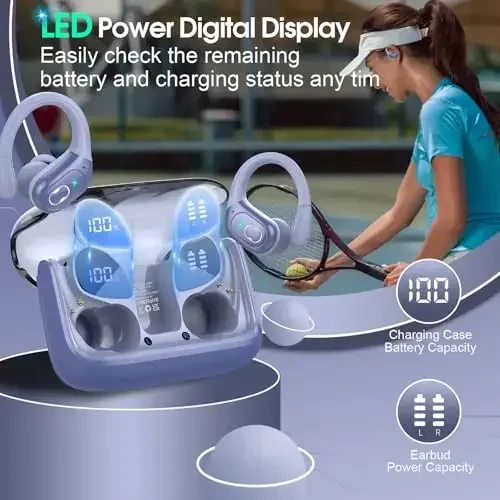 Aptkdoe Wireless Earbuds 75hrs Bluetooth 5.4 Headphone Sport, 2025 Bluetooth Earbuds Stereo Deep Bass Over Ear Bud with Earhooks, ENC Noise Cancelling Mic, IPX7 Waterproof Earphone, Purple Blue - 5