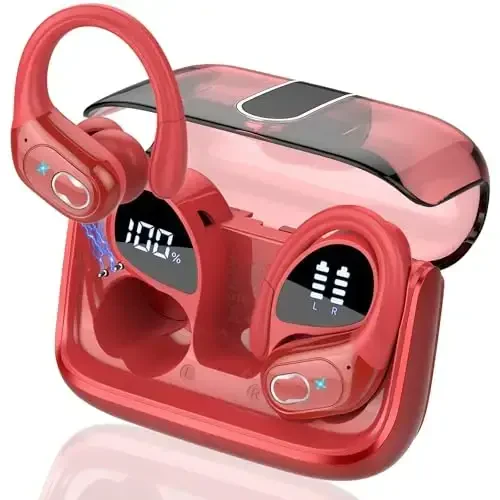 Aptkdoe Wireless Earbuds 75hrs Bluetooth 5.4 Headphone Sport, 2025 Bluetooth Earbuds Stereo Deep Bass Over Ear Bud with Earhooks, ENC Noise Cancelling Mic, IPX7 Waterproof Earphone, Red - 1