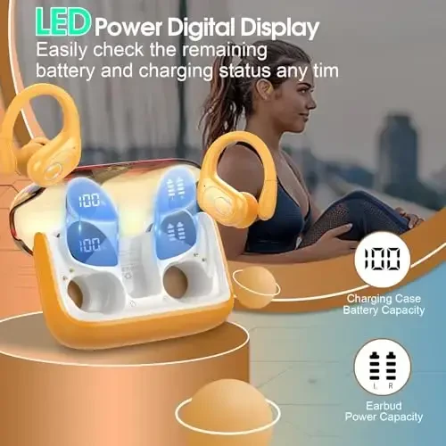 Aptkdoe Wireless Earbuds 75hrs Bluetooth 5.4 Headphone Sport, 2025 Bluetooth Earbuds Stereo Deep Bass Over Ear Bud with Earhooks, ENC Noise Cancelling Mic, IPX7 Waterproof Earphone, Yellow - 5