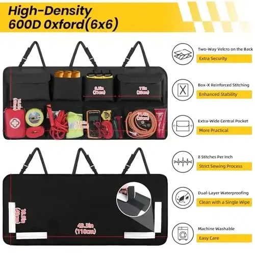 Car Backseat Hanging Trunk Organizer Extra-Long, 30% More Storage, 8 Large Pockets Car Storage Bag for SUV, Truck, Van – Super Capacity SUV Hanging Organizer for a Neat & Clutter-Free Space - Black - 3