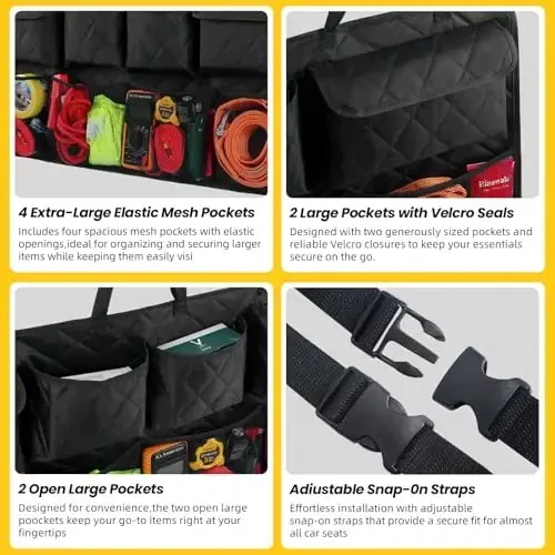 Car Trunk Hanging Organizer 3D Textured (Extra-Long), Cotton-Padded Farewell to Collapse, Reinforced Stitching, Extra-Wide Pocket, Backseat Grocery Storage Bag with 8 Pockets for SUV,Truck,Van - 5