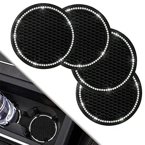 Car Coasters, 4 Pack Universal Vehicle Bling Car Coaster, COCASES Crystal Rhinestone Coaster for Cup Holders, Car Interior Accessories 2.75'' Silicone Anti Slip Car Coasters for Women (Black) 
