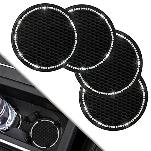 Car Coasters, 4 Pack Universal Vehicle Bling Car Coaster, COCASES Crystal Rhinestone Coaster for Cup Holders, Car Interior Accessories 2.75'' Silicone Anti Slip Car Coasters for Women (Black) - 1