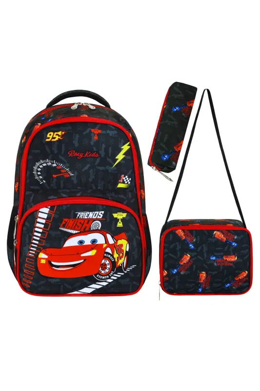 Araba Baskılı 3'lü Set Ilkokul Çantası, Termal Beslenme Çantası Ve Kalem Kutusu Seti-Kırmızı - 1