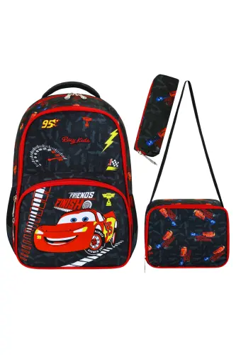 Araba Baskılı 3'lü Set Ilkokul Çantası, Termal Beslenme Çantası Ve Kalem Kutusu Seti-Kırmızı - 1