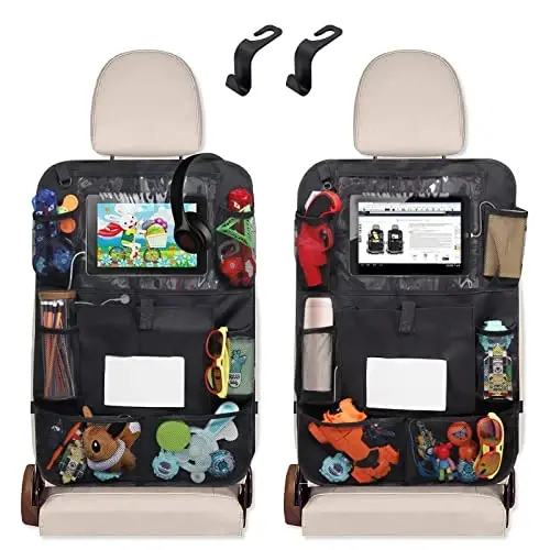 LIHBHOID 2 Pack Car Backseat Organizer,Car Storage Organizer with 12.5 inch Tablet Holder Tissue Box Car Seat Back Protectors with Hole for USB/Earphone/Charging,Road Trip Essentials kids - 1