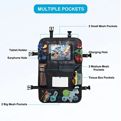 LIHBHOID 2 Pack Car Backseat Organizer,Car Storage Organizer with 12.5 inch Tablet Holder Tissue Box Car Seat Back Protectors with Hole for USB/Earphone/Charging,Road Trip Essentials kids - LIHBHOID (1)