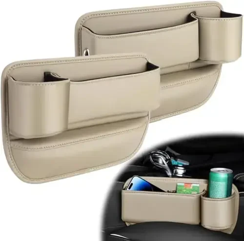 Car Leather Cup Holder Gap Bag, Car Seat Gap Filler Organizer, Car Seat Storage Box with Water Cup Holder, Car Gap Bag for Phones Keys Cards (1 Pair, Beige) - PALLOCOO