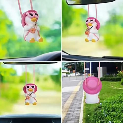Car Rear View Mirror Hanging Accessories Swinging Duck Rearview Mirrors Ornament Pink Decor for Women Teen Girl Automotive Decorations Interior Aesthetic Things Kawaii Auto Pendant Stuff to Mom Gifts - 2