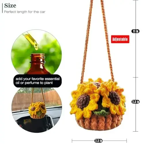 Cute Crochet Plant for Car Rear View Mirror,Boho Handmade Car Mirror Hanging Accessories for Women Girls,Green Interior Aesthetic Decor Truck Hanger Ornament Charm for Men（Sunflower） - 3