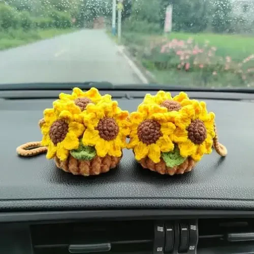 Cute Crochet Plant for Car Rear View Mirror,Boho Handmade Car Mirror Hanging Accessories for Women Girls,Green Interior Aesthetic Decor Truck Hanger Ornament Charm for Men（Sunflower） - 4