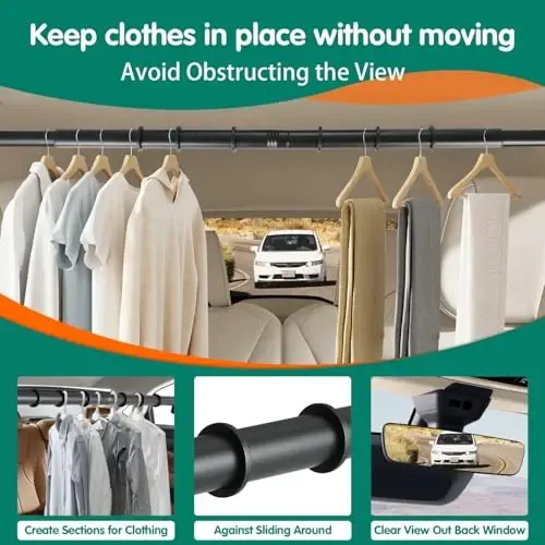 Car Clothes Hanger Bar, Heavy Duty Telescopic Clothes Rod for Cars 30–62 Inches, Wrinkle Free Clothes Rack for Sedans, SUVs, Trucks, and Most Other Vehicles, Suitable for Daily and Travel Use - 4