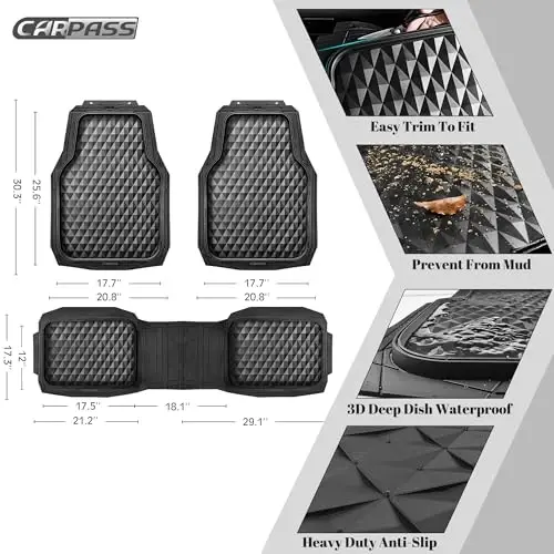 CAR PASS 3 Row Heavy Duty Rubber Car Mats, Deep-Dish All-Weather for 7 Seats 8 Seater 2nd & 3rd Floor Mats Waterproof Universal Trim Fit Liner Van,SUV,7 Passengers Vehicle,Automotive 3D Rhombus Black - 4