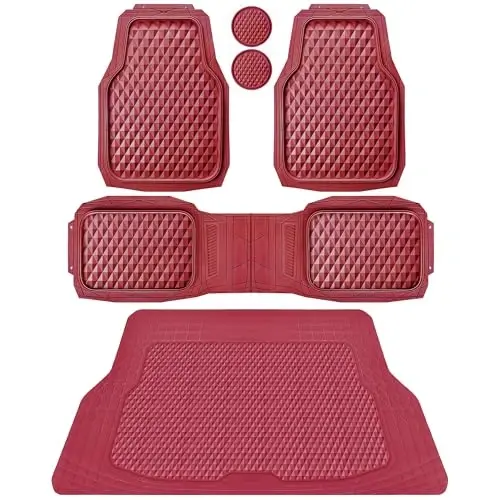 CAR PASS Heavy Duty Rubber Red Car Floor Mats & Cargo Liners, Deep Dish All-Weather Trunk Mats Durable Anti-Slip 3D Rhombus Waterproof Trim to Fit Liner Universal Fit Auto,Sedan,SUV,Truck, Burgundy - 1