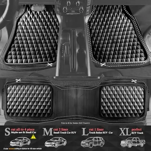 CAR PASS Heavy Duty Rubber Black Car Floor Mats & Cargo Liners, Deep Dish All-Weather Trunk Mats Durable Anti-Slip 3D Rhombus Waterproof Trim to Fit Liner Universal Fit Auto,Sedan,SUV,Truck, Black - 6