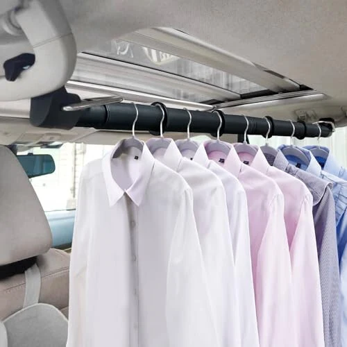Car Clothes Hanger Bar, 30-63 Inches Expandable Heavy Duty Car Clothes Rack for Car Travel - Adjustable Clothes Storage Hanger Automotive Travel Hanging Rack for Most Cars,Trucks,SUVs,Road Travelers - Beinhome (1)