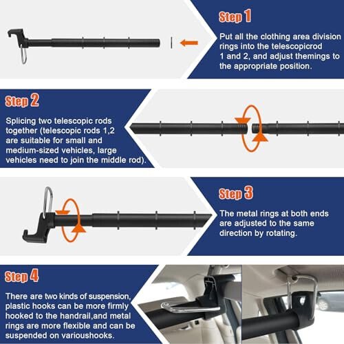 Car Clothes Hanger Bar, 30-63 Inches Expandable Heavy Duty Car Clothes Rack for Car Travel - Adjustable Clothes Storage Hanger Automotive Travel Hanging Rack for Most Cars,Trucks,SUVs,Road Travelers - 7