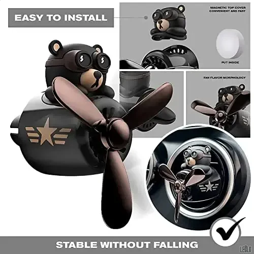Car Vent Clip – Bear Pilot Propeller Car Decoration, Fun Rotating Design for Auto Interior, Easy to Install, 2.1”x2.5”x2.4” Compact Size, Cute Teddy Bear Gift Idea - 3