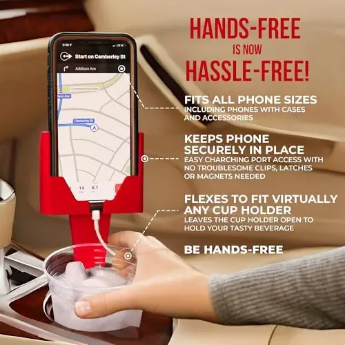 Cup Holder Phone Holder Mount for Car - Universal Adjustable Expander Cradle Hands-Free Driving - Compatible with All Smartphones Car Mount for iPhone Samsung Google Android Mobile Accessories Red - CELL PHONE SEAT (1)
