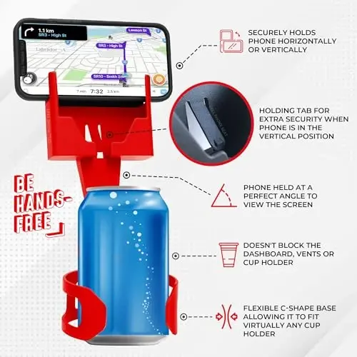 Cup Holder Phone Holder Mount for Car - Universal Adjustable Expander Cradle Hands-Free Driving - Compatible with All Smartphones Car Mount for iPhone Samsung Google Android Mobile Accessories Red - 5