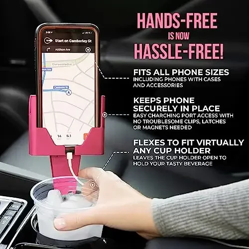 Cup Holder Phone Holder Mount for Car - Universal Adjustable Expander Cradle Hands-Free Driving - Compatible with All Smartphones Car Mount for iPhone Samsung Google Android Mobile Accessories Pink - CELL PHONE SEAT (1)