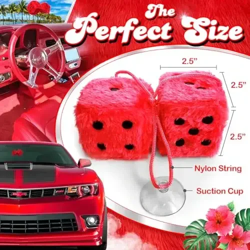 Red Fuzzy Dice for Car - Rear View Mirror Plush Cute Car Accessories for Interior - Auto Rearrview Hanging Ornament Decorations - Cool Classic Retro 1970s Aesthetic Automotive Decor - Red and Black - 3