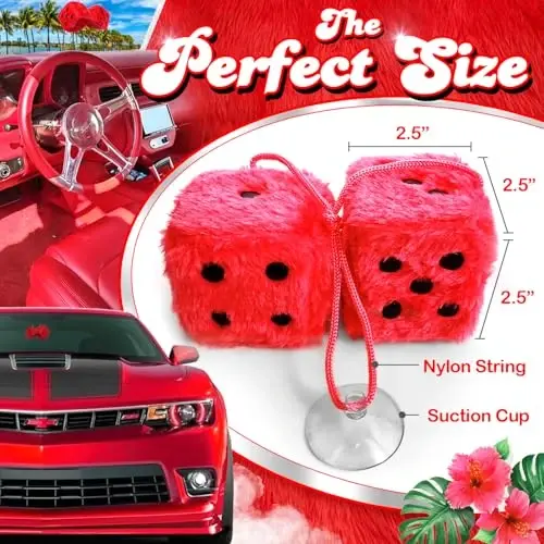 Red Fuzzy Dice for Car - Rear View Mirror Plush Cute Car Accessories for Interior - Auto Rear View Hanging Ornament Decorations - Cool Classic Retro 1970s Aesthetic Automotive Decor - Red and Black - 3